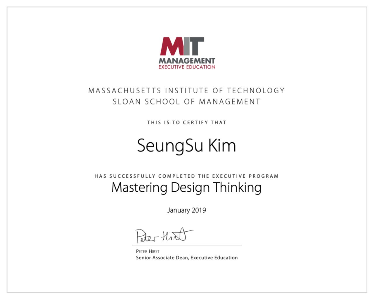 SeungSu Kim Mastering Design Thinking executive program certificate