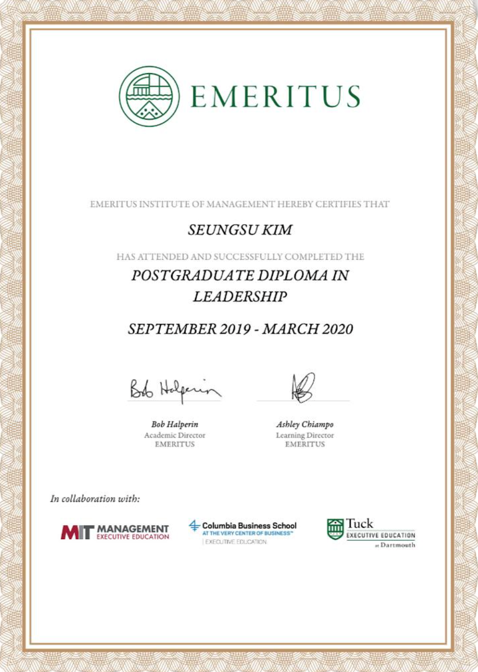 SeungSu Kim Postgraduate Diploma in Leadership certificate